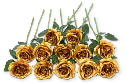 Laelfe 12 Pcs Christmas Gold Roses Artificial Flowers Long Stem Faux Silk Gold Flowers Fake Roses for Wedding Bridal Bouquet Home Party Hotel Garden Decorations