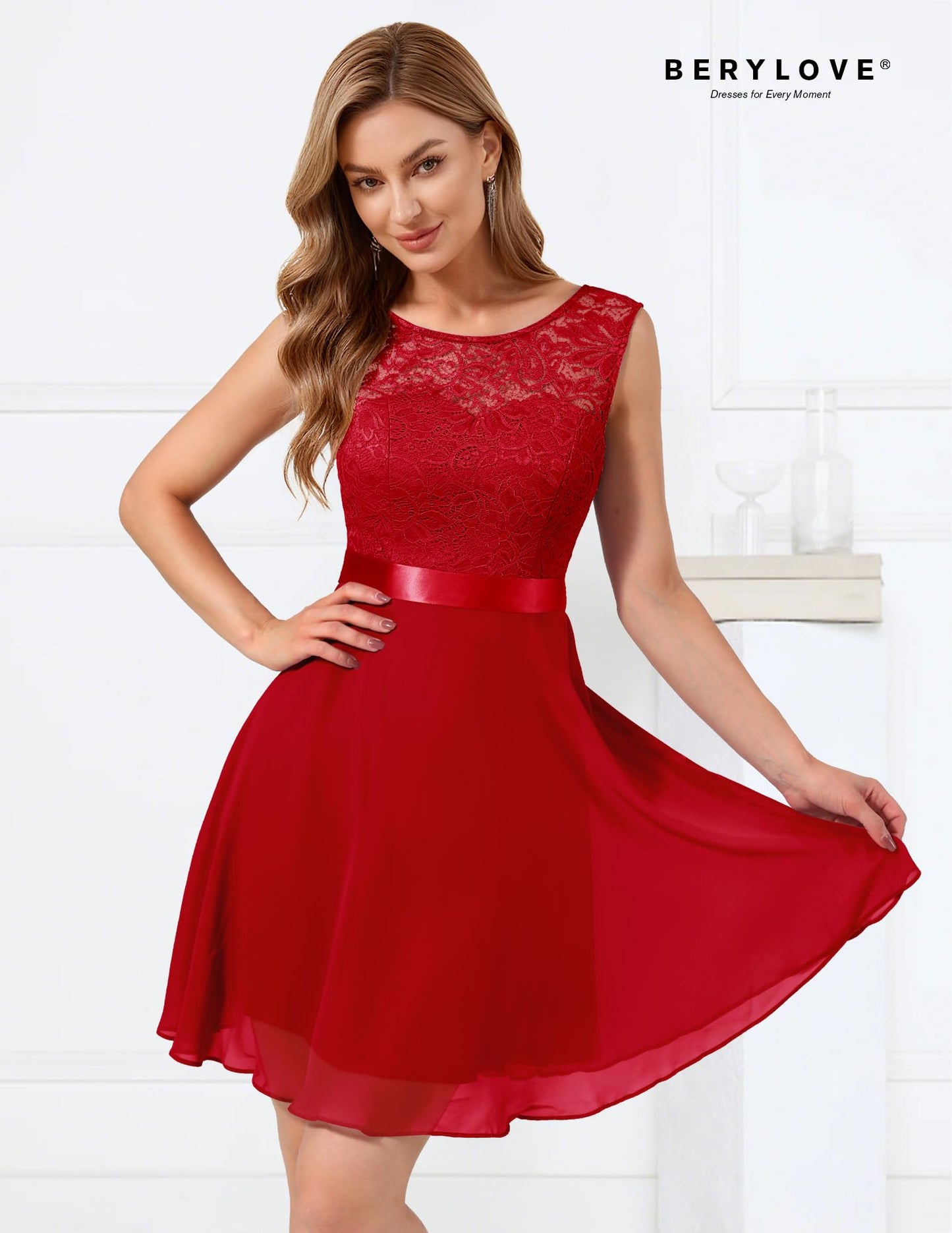 BeryLove Women's Short Homecoming Dresses for Teens Sleeveless Flowy A Line Wedding Guest Lace Cocktail Prom Formal Dress 05 B-Red L