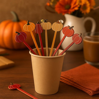 50 Pcs Pumpkin Drink Stirrers Bulk, 5.91 Inch Wooden Halloween Cocktail Picks with 5 Unique Autumn Orange Designs, Fall Party Supplies for Coffee, Beverages, Halloween Decor