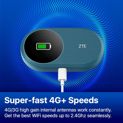 ZTE U10S Pro Blue, 4G+LTE Mobile Wi-Fi 6, unlocked low-cost portable travel WiFi, connects 32 Devices, 3000mAh 10hr Battery life, roams on all world networks, no configuration required