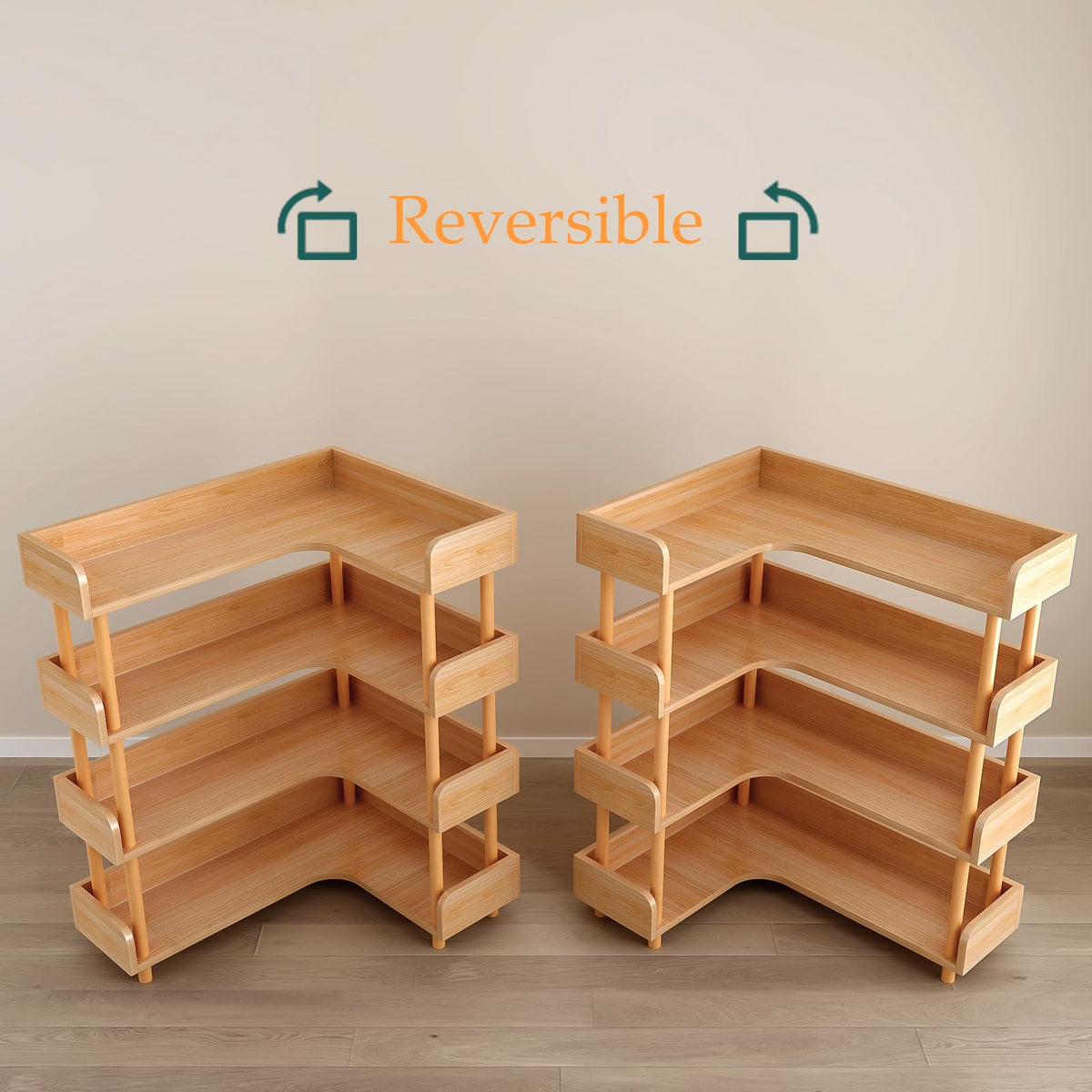 OSCHF Wooden Reversible Corner Bookshelf - Modern 4 Tiers L-Shaped Bookcase with Solid Wood Frame and Edge Protection for Home and Office, Open Storage Shelf, Oak