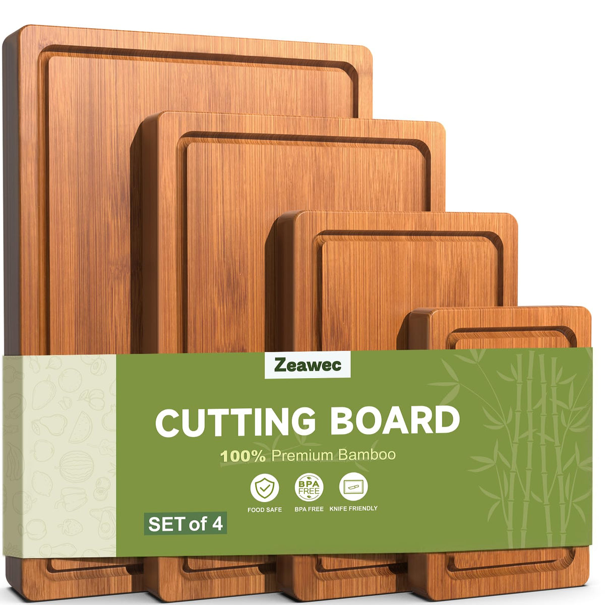 Zeawec 4-Piece Set Deep-Carbonized Bamboo Cutting Board for Kitchen - Crack-Resistant Wood Chopping Boards with Deep Juice Grooves, Pre-Oiled Butcher Block for Meat, Vegetables & Cheese, Carbonized