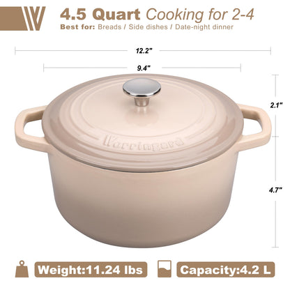 VORRINGARD Enameled Cast Iron Dutch Oven Pot with Lid, for Bread Baking, Round Bread Oven- include Sourdough Bread Baking Supplies Set, 4.5QT, Latte