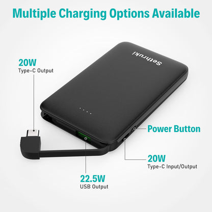 Slim Portable Charger with Built in USB C Cable,20W Fast Charging Power Bank,Small Mini Lightweight Phone Battery Pack 6000mAh,Ultra Thin Travel Essentials for iPhone 17 16 15 Series,Samsung,Android