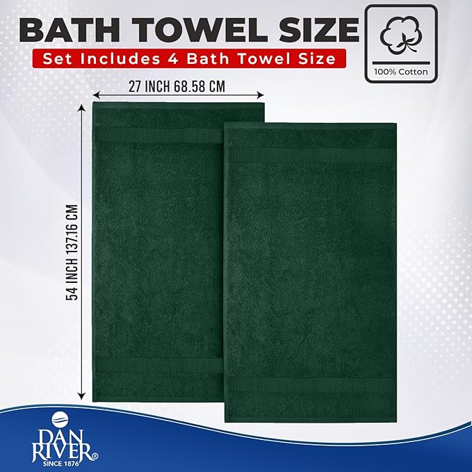 DAN RIVER Bath Towels Set of 4, 27 x 54 Inches, 100% Cotton, Larger & Lighter