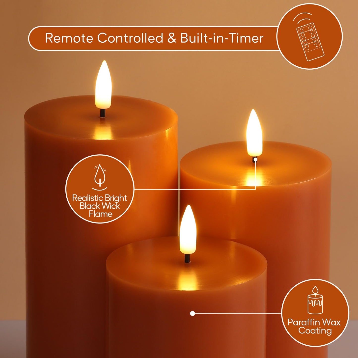 Girimax Burnt Orange Flameless Pillar Candles with Remote, Christmas LED Wax Candles Holiday Table Centerpieces Set of 3