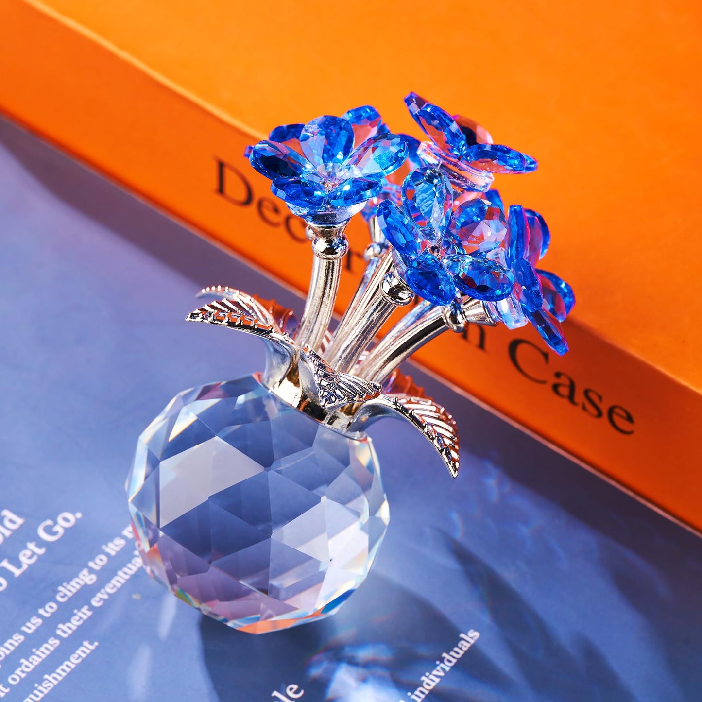 XLSJGYP Blue Crystal Flower Glass Gifts for Sister Girlfriend Women Girl Wife,Crystal Flowers Bouquet Collectible for Wedding Anniversary Mom from Daughter Son (Blue Flower 02)