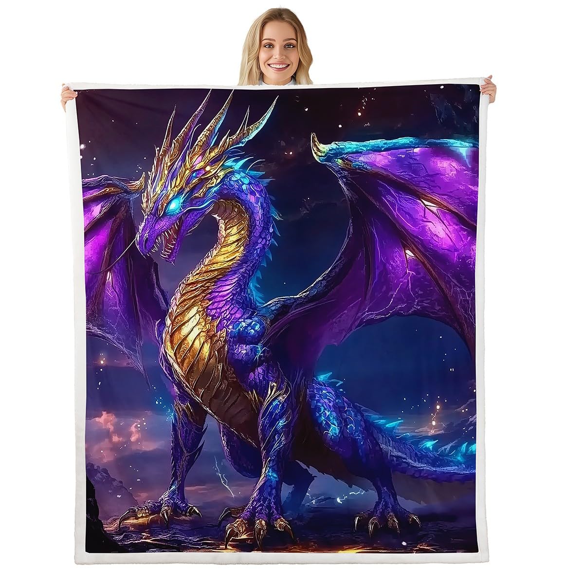 Erosebridal Dragon Throw Blanket Baby 30"X40", Magic Animal Loong Sherpa Blanket for Kids Boys Teens Bedroom Decor, Outer Space Fleece Blanket Lightning Galaxy Plush Bed Blanket, Purple