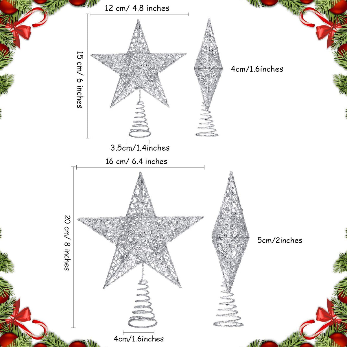 Blulu 2 Pieces Metal Glittered Christmas Tree Topper Star Treetop Hollow Wire Star Topper for Christmas Tree Ornament, 2 Sizes (Silver)