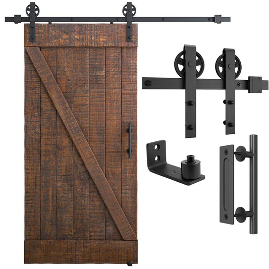 SMARTSTANDARD 6.6ft Heavy Duty Sliding Barn Door Hardware Kit, Black, (Whole Set Includes 1x Pull Handle Set & 1x Floor Guide) Fit 36"-40" Wide Door Panel (Big Industrial Wheel Hangers)