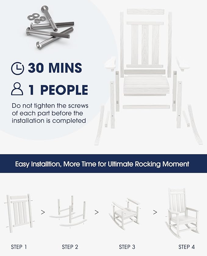 KINGYES Oversized Outdoor Rocking Chair Set of 4, All-Weather Patio Rocking Chairs for Porch, HDPE Outdoor Patio Rockers with High Back & Wide Seat for Garden, Lawn, White