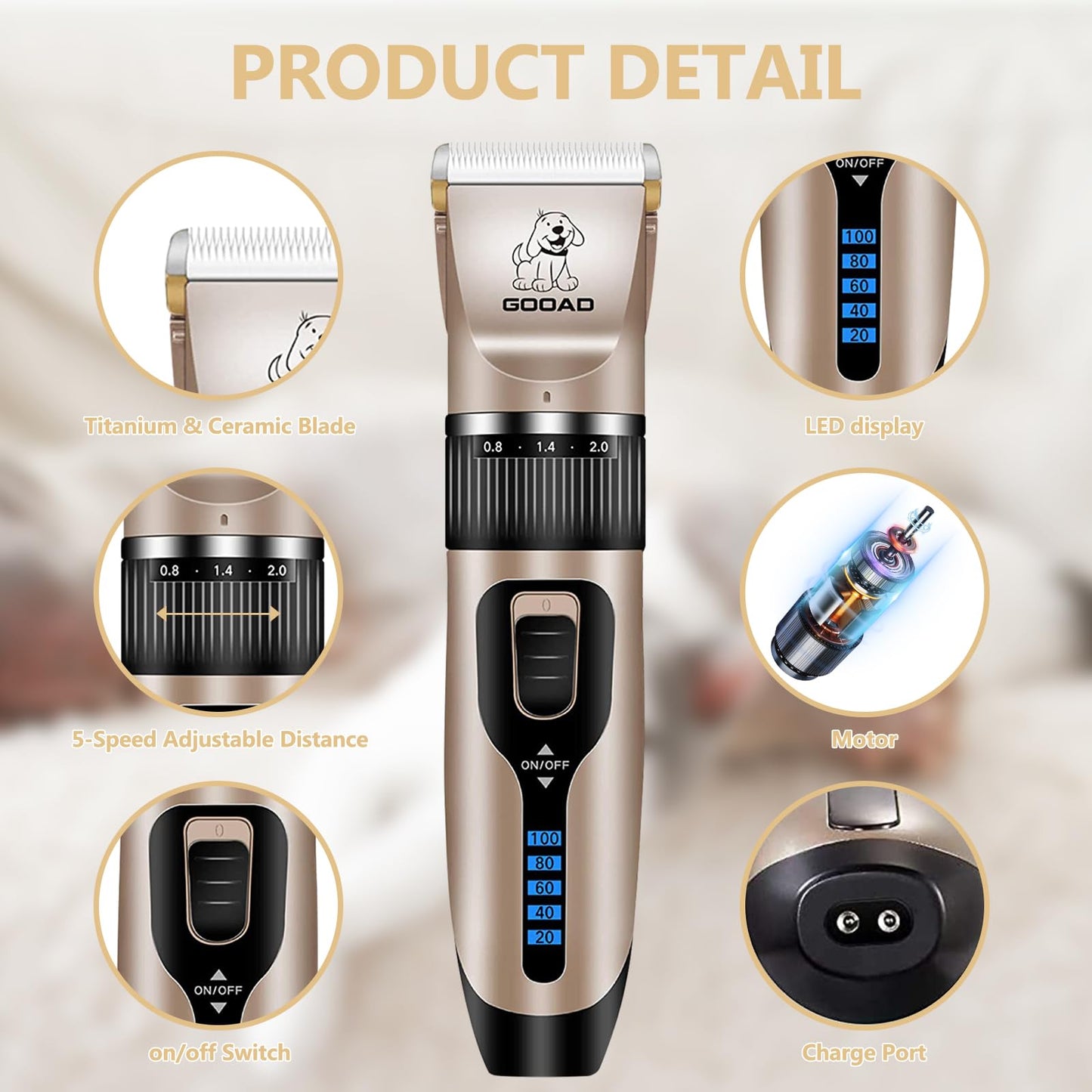 Gooad Dog Clippers for Grooming for Heavy Thick Hair&Coats,Low Noise Hair Trimmer,Rechargeable Cordless Pet Shaver, Dog Grooming Kit with Paw Trimmer Nail Grinder for Small Large Dogs