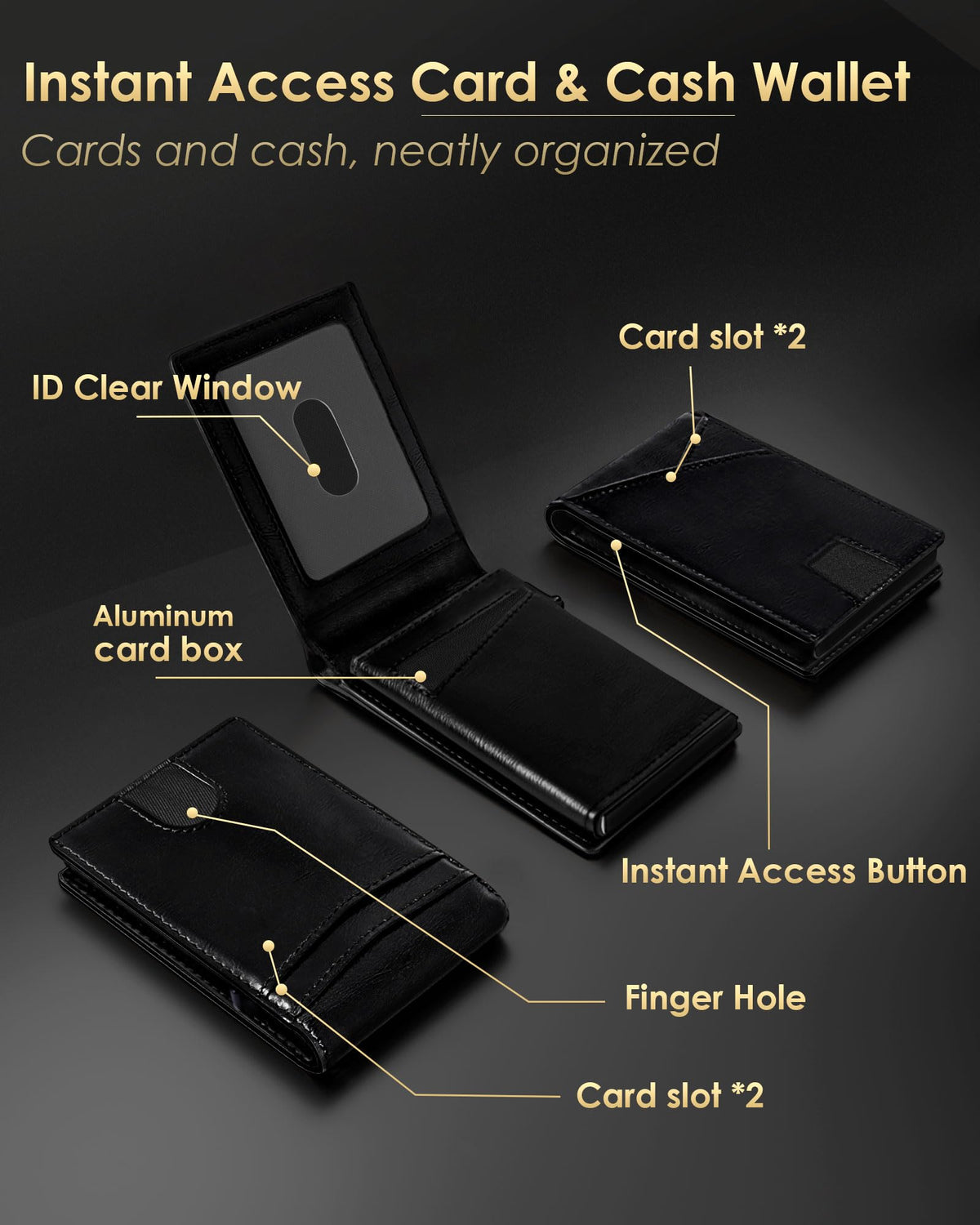 QLD Wallet for Men - RFID Blocking [Functional & Practical] Bifold Slim Minimalist Credit Card Holder Pop Up Metal Case with Cash Slot, Front Pocket with ID Window, Gift Boxed (BLACK)