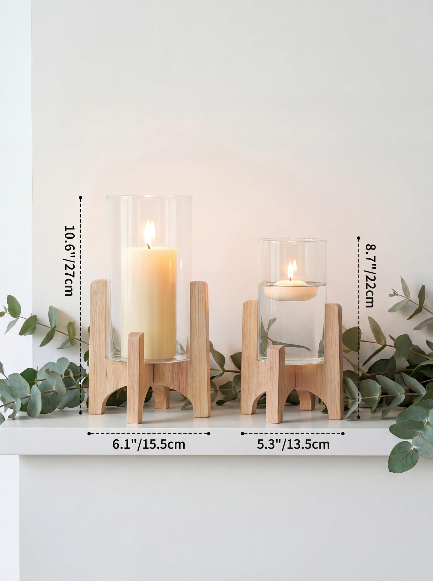 NUPTIO Hurricane Glass Candle Holders: Set of 2 Pillar Candle Holders with Wooden Stands - Mid Century Organic Modern Vases for Dining Table Centerpieces Decor