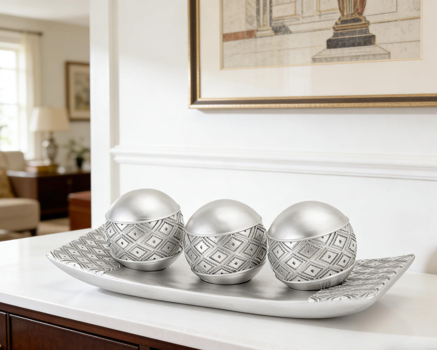 BOIHEGU Silver Decorative Orbs with Tray Set, 3Pcs Resin Decorative Balls with Tray, Modern Accent Sphere for Coffee Table, Dining Table, Living Room, Entryway
