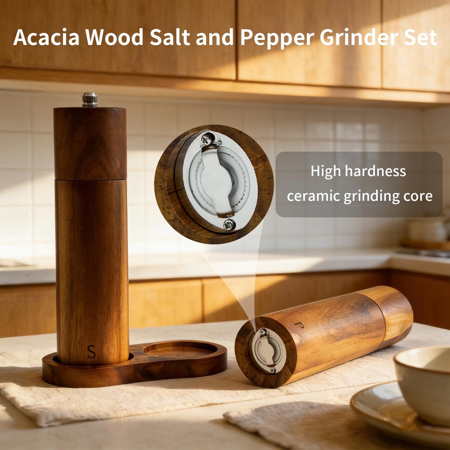 Amestar 8 Inch Acacia Wooden Salt and Pepper Grinder Set, Refillable Salt and Pepper Mills Adjustable Coarseness, Salt and Pepper Shakers Matching Wooden Tray, Spice Grinder for Kitchen