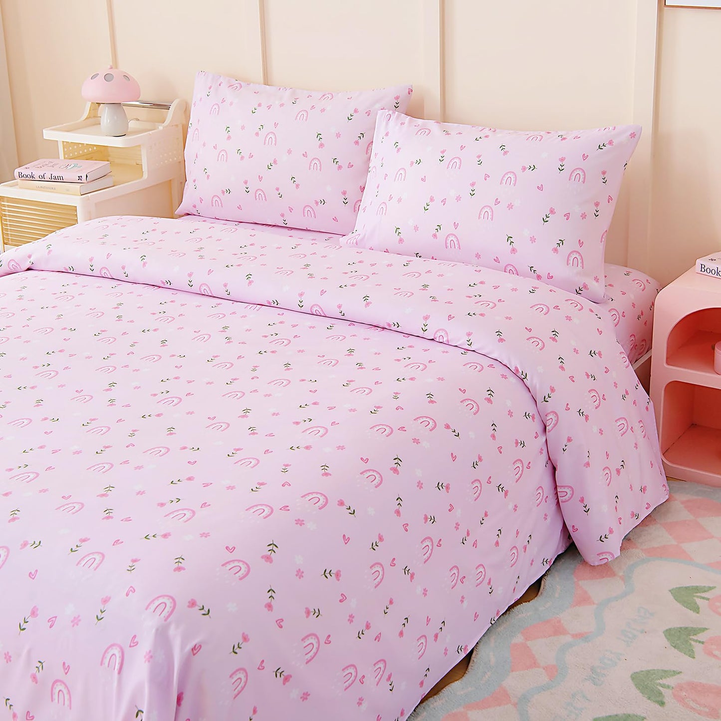 MICORAL Kids Twin Sheet Set Pink Rainbow, 3 Pieces Sheets for Boys & Girls, Soft Printed Microfiber Bed Sheets, Deep Pocket Cozy Toddler Bedding Set, Pink Rainbow