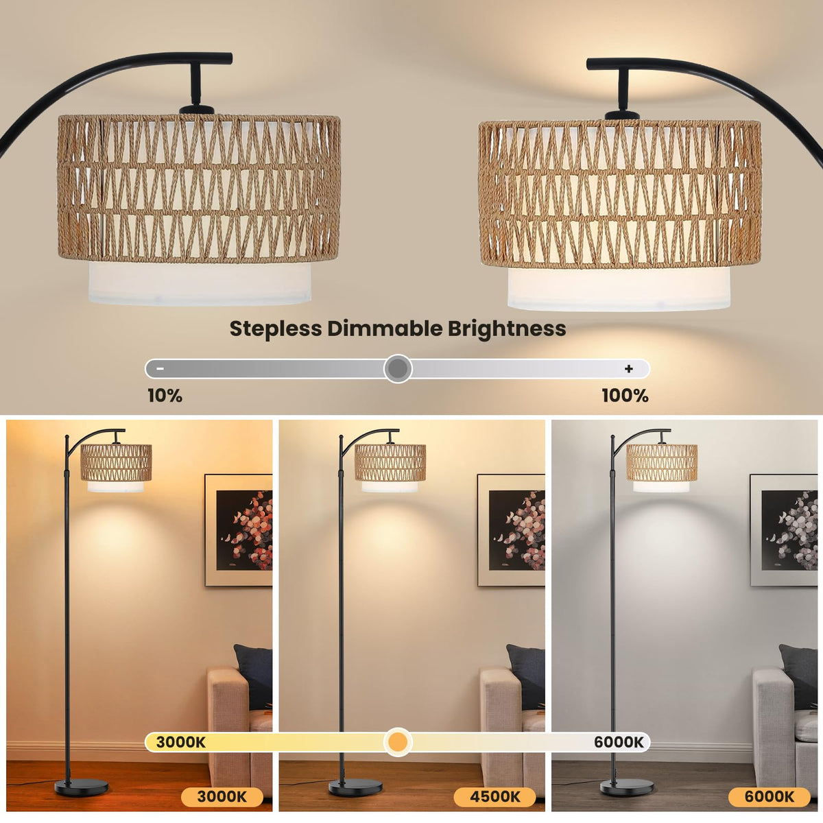 Yusist Arc Floor Lamp for Living Room,Farmhouse Floor Lamps with Remote Control & Dimmable Bulb,Rattan Boho Tall Standing Lamp for Bedroom Office