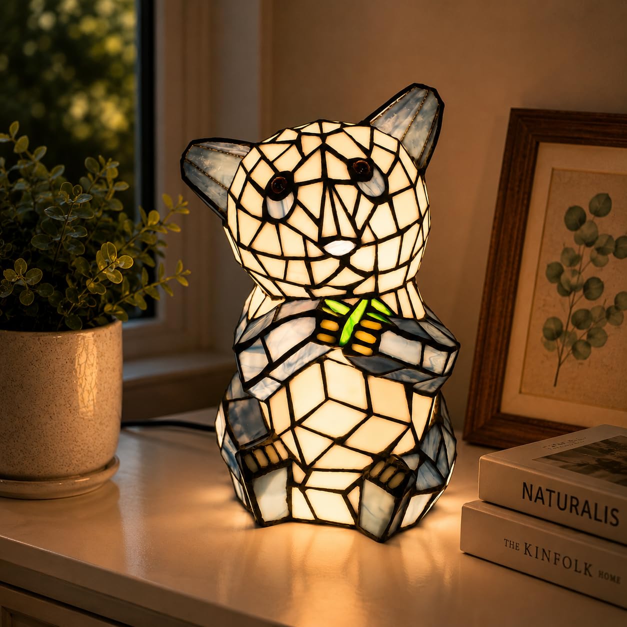 Bieye L10831 Sitting Panda Bear Eating Bamboo Shoots Tiffany Style Stained Glass Accent Table Lamp Night Light for Bedside Living Room Decoration