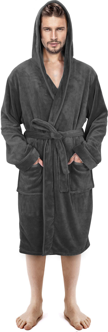 NY Threads Luxury Men’s Hooded Dressing Gown Super Soft Men’s Fleece Robe Cozy Hooded Plush Loungewear, Large, Dark Grey