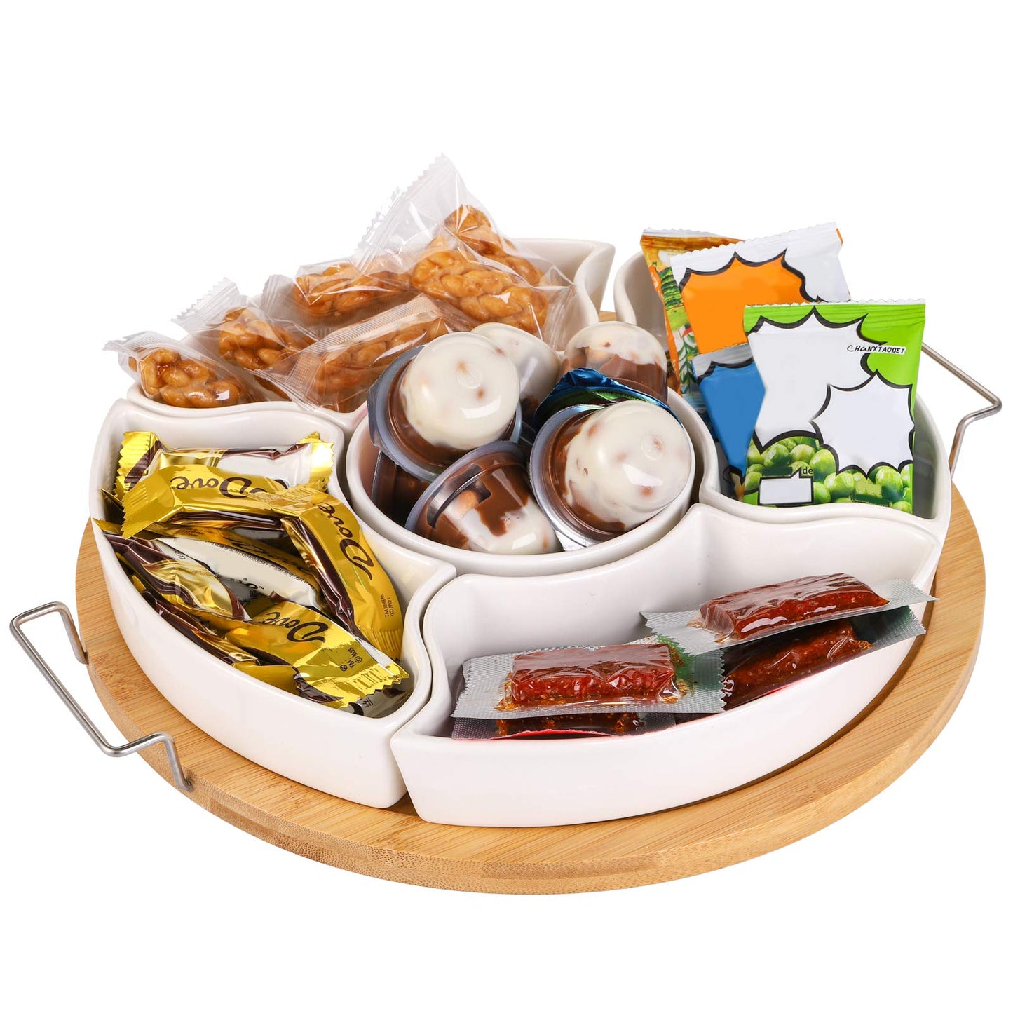 yarlung 11 Inch Ceramic Divided Serving Dishes with Bamboo Platter, Appetizer Tray 5 Removable Snacks Bowls for Candy and Nut, Chips and Dips, No Lid Included