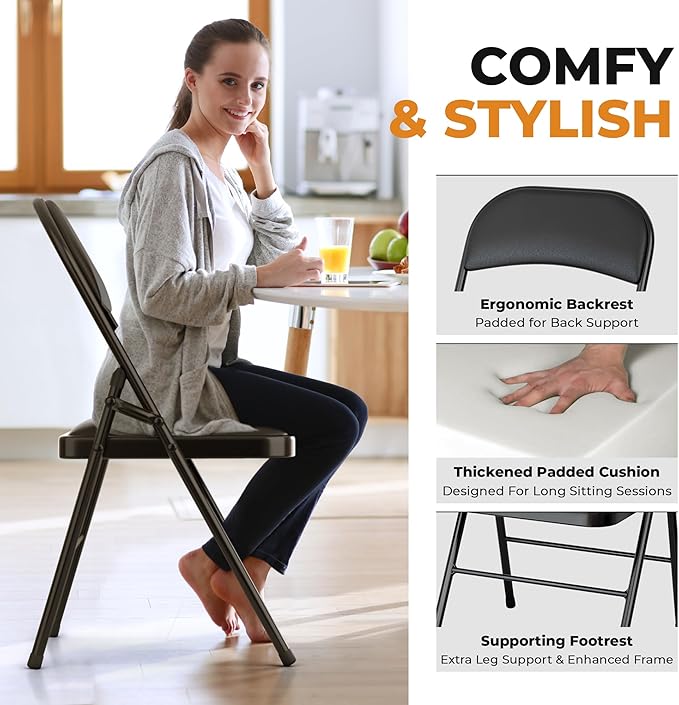 4 Pack Leather Chair | Foldable & Stackable | 350 lbs Capacity Steel Frame Seats for Indoor or Outdoor | Commercial Use Events Wedding Party Events Bulk Picnic Kitchen Dining - Black