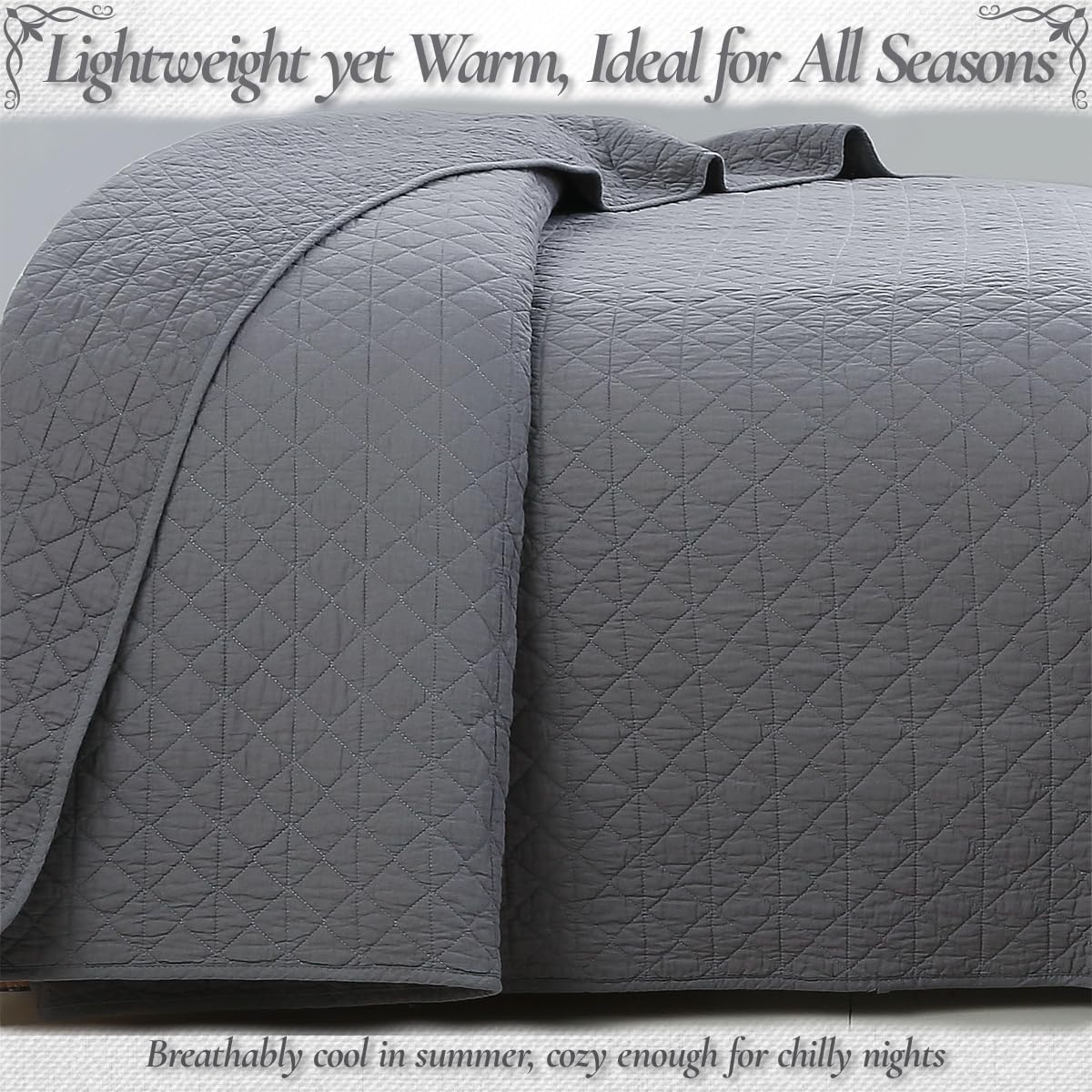 Cozy Line Home Fashions 100% Cotton Quilt Set – 3-Piece Charcoal Gray Solid Classic Modern Quilted Bedspread with Shams, Lightweight All Season Modern Bedding (Diamond Gray, Queen)