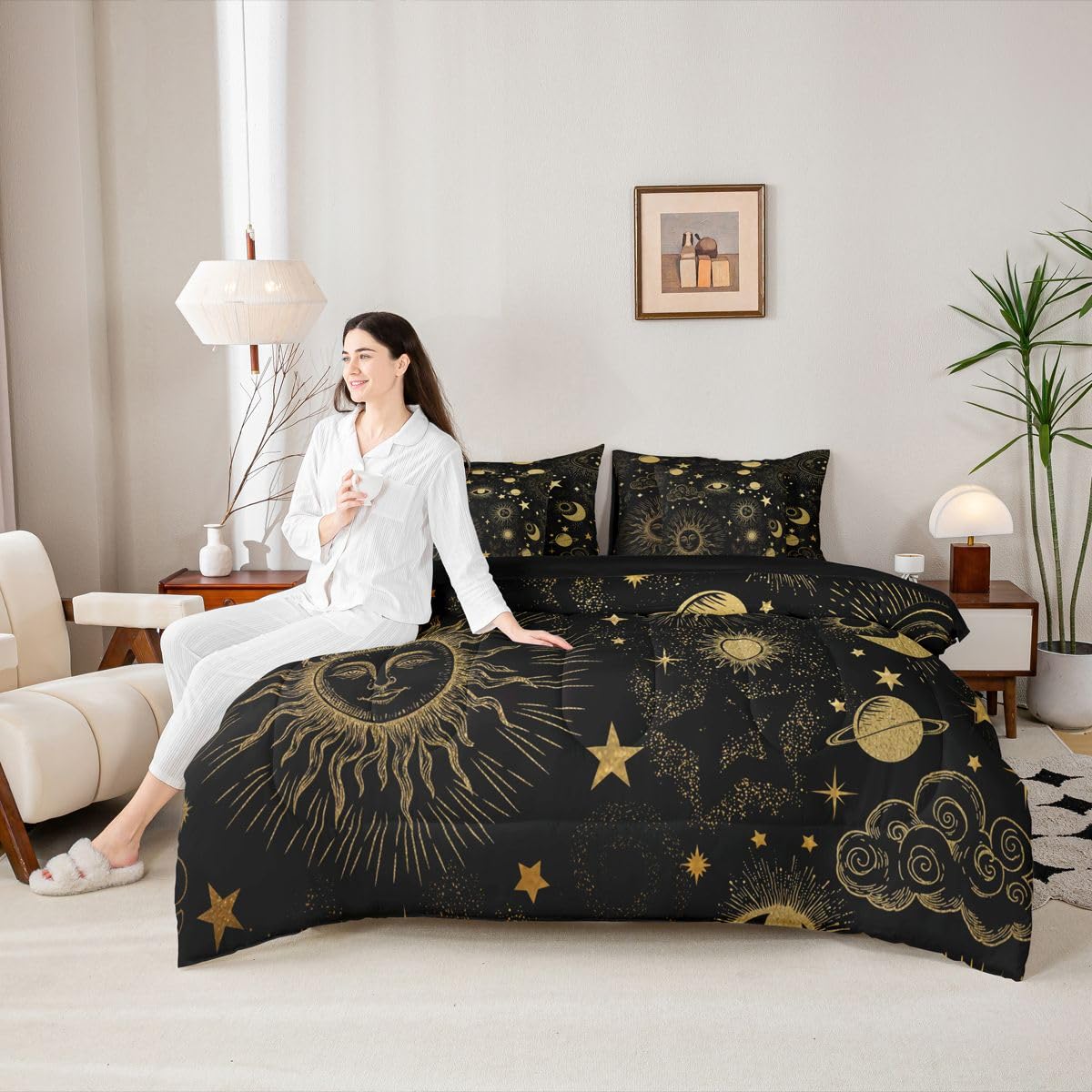Erosebridal Sun and Moon Queen Comforter Set with Sheets | Starry Sky Series Stars 7-Piece Bedding Set Bohemian Bed in a Bag, Gold Sun Face Pattern Galaxy Cosmic Planets Bed Sets