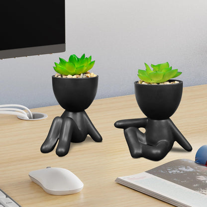 SEMSOIIO Pack of 4 Cute Artificial Succulent Plants in Human Shaped Pots, Funny Desk Decor for Office Women Men, Aesthetic Room Decor, Small Fake Plants for Shelf Bathroom Home Office Gifts (Black)