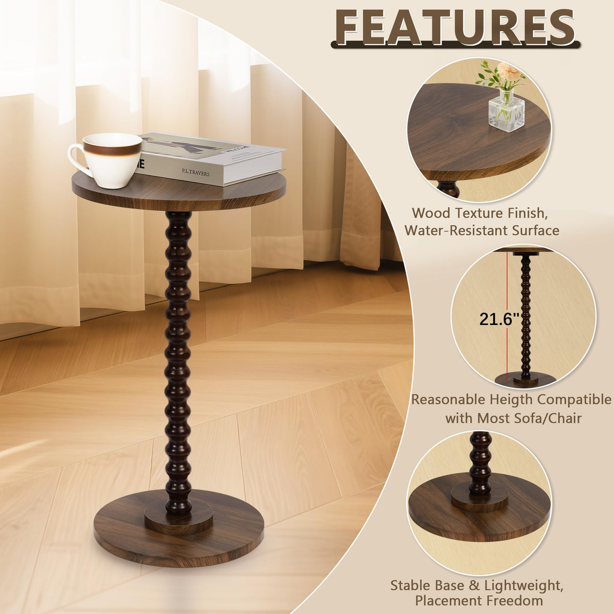 Tohiasen Round Side Table, Small End Table for Small Space, Easy Assembly