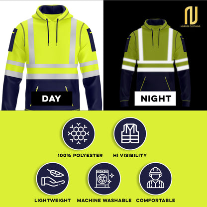 NOROZE Mens Hi Vis Hoodie with Reflective Tape, Pullover High Vis Hoodie for Safety Workwear– 4 Utility Zipped Pockets, Work Hoodies for Men, High Visibility Hooded (M, Style 1: Neon Green/Navy)