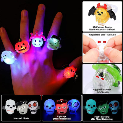 Nucifer 50 Pcs Halloween Treats Light Up Rings Toys Bulk 3D LED Flashing Glow In The Dark Rings Party Supplies Prizes Non Candy Treats Halloween Party Favors Gifts Toys Kids Adults Goodie Bag Stuffers