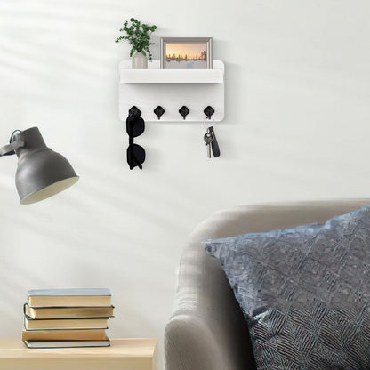Nekon Key Holder Wall Mount, 8.5 Inch Small Home Decor Wooden Wall Organizer with 4 Hooks and Shelf, Key and Mail Holder for Living Room Entryway Kitchen(White)