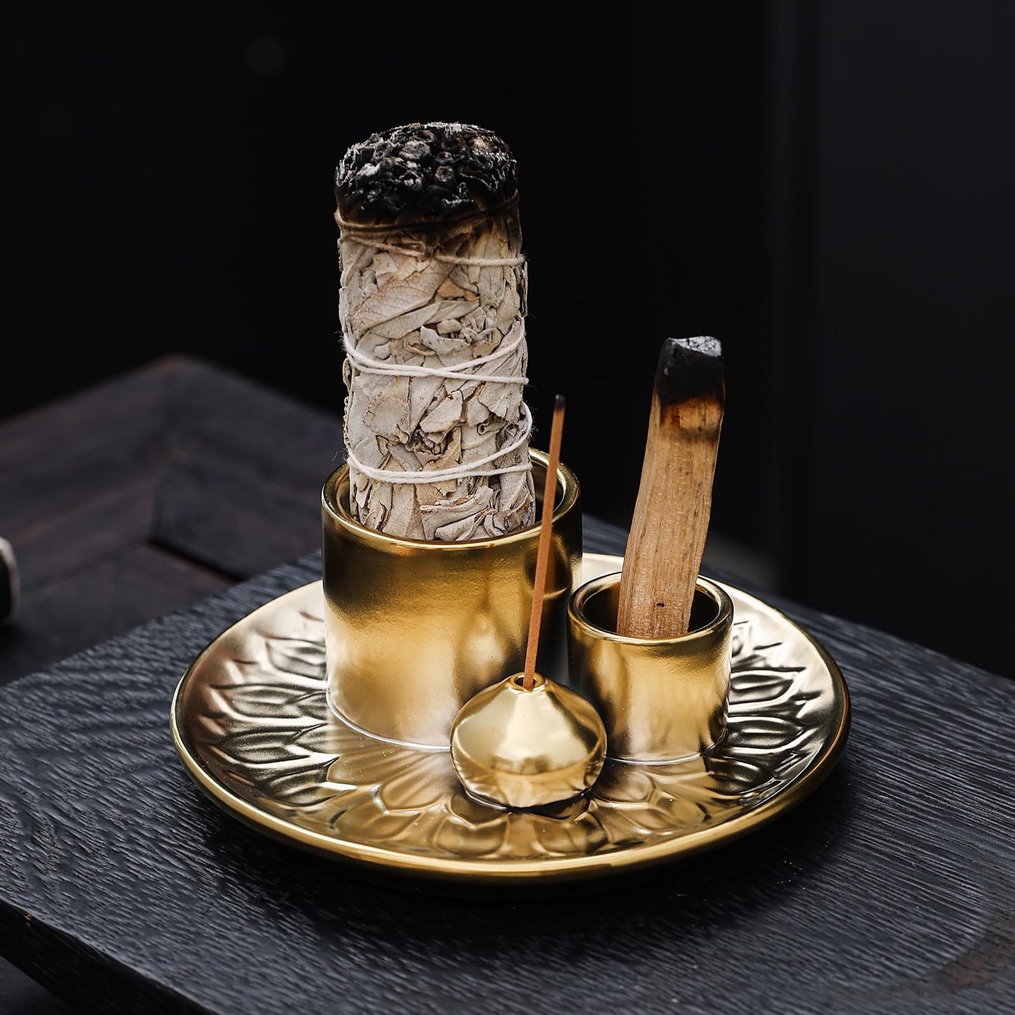 4 in 1 Incense Burner Holder with Ash Catcher, Gold-Plated Ceramic Tray for Burning Incense Sticks, White Sage, Palo Santo, Candle