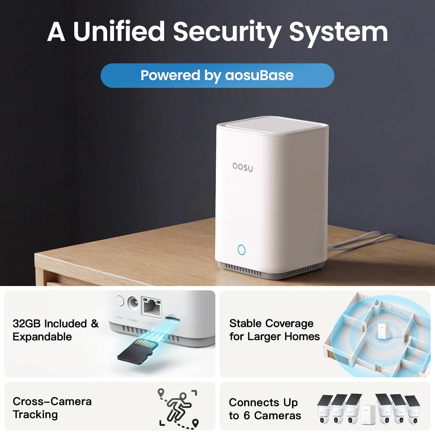 aosu SolarCam D1 Max 4-Cam Kit, 4K Solar Security Cameras Wireless Outdoor, 360° PTZ Auto Tracking & Vehicle Detection, Color Night Vision, No Subscription Required, 1TB Expandable Storage