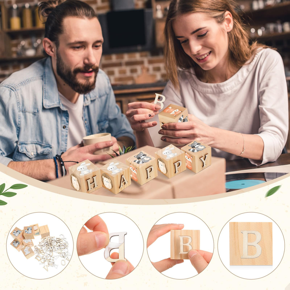 Wonderjune Custom Woodland Animals Wooden Name Sign, 8 Animals Block with 78 Letter Name Cubes for Alphabet Wood Signs Playroom Decoration