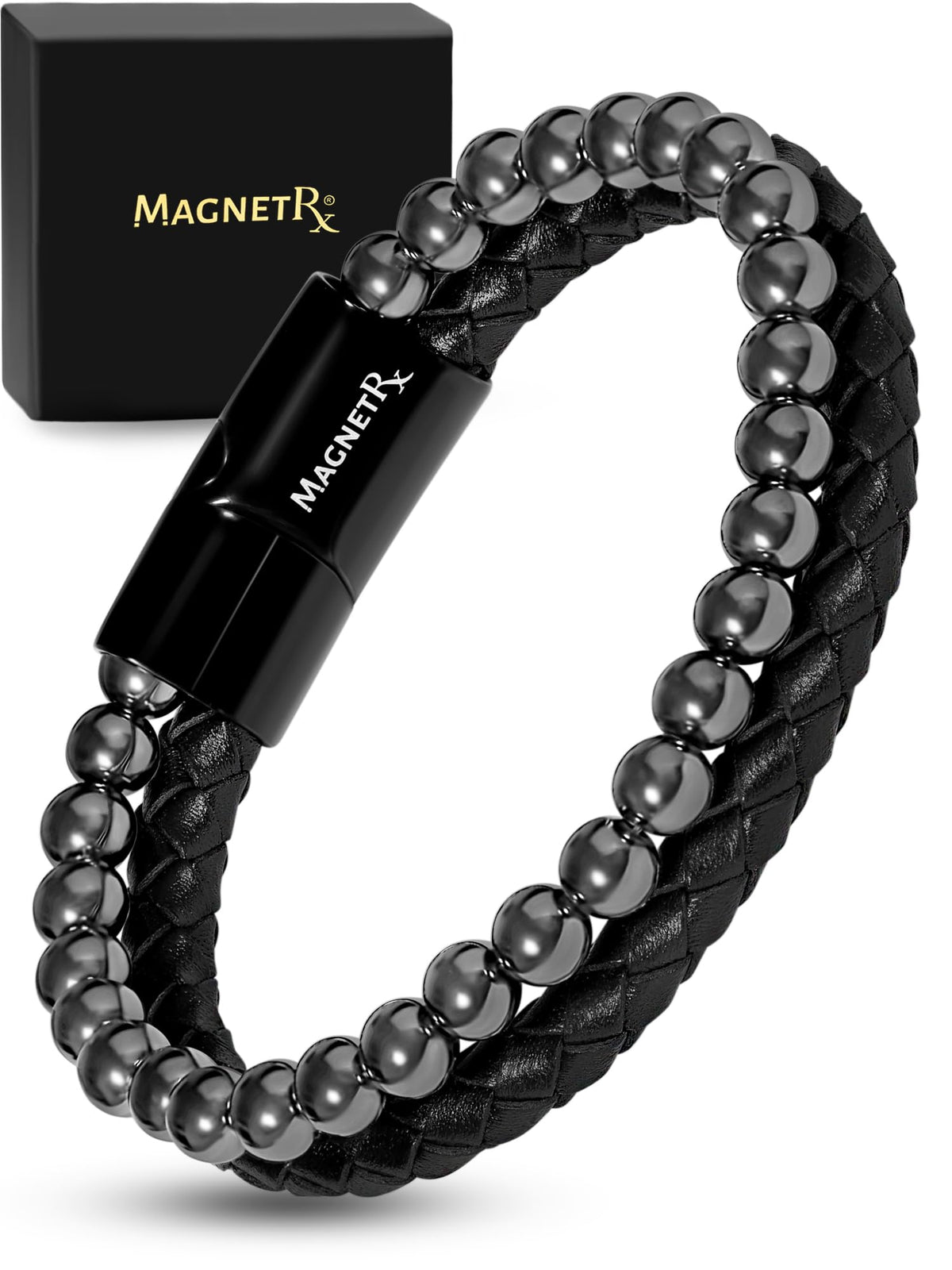 MagnetRX® Hematite & Leather Magnetic Bracelet – Max Strength Natural Stones – Beaded Magnetic Hematite Bracelets (Medium)