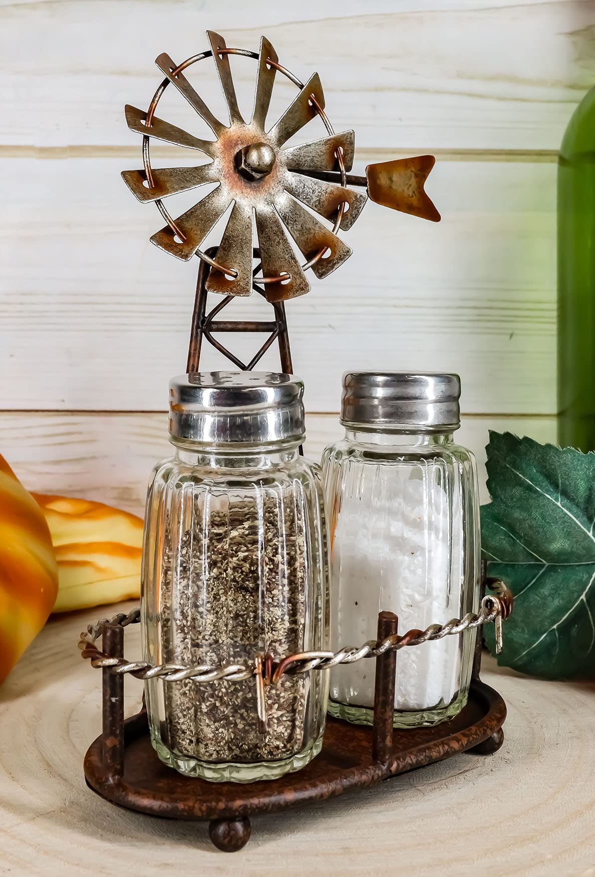 Ebros 6.5"Tall Rustic Country Farm Agricultural Windmill Outpost Salt And Pepper Shakers Holder Display Stand Set Western Kitchen Dining Home Decor Centerpiece In Aged Bronze Finish