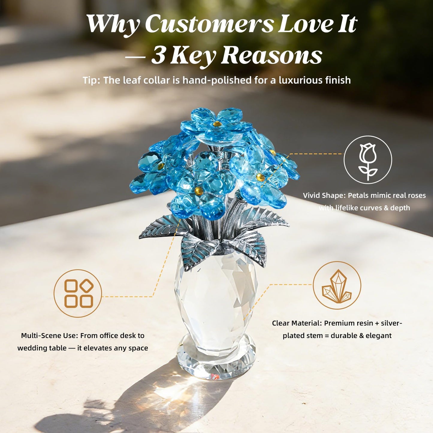 MysticGlitz Crystal Forget-Me-Not Flowers Figurine, Blue Glass Flower Bouquet with Silver-Plated Stem & Faceted Crystal Vase, 5.7" Tall Crystal Collectible, Home Decor