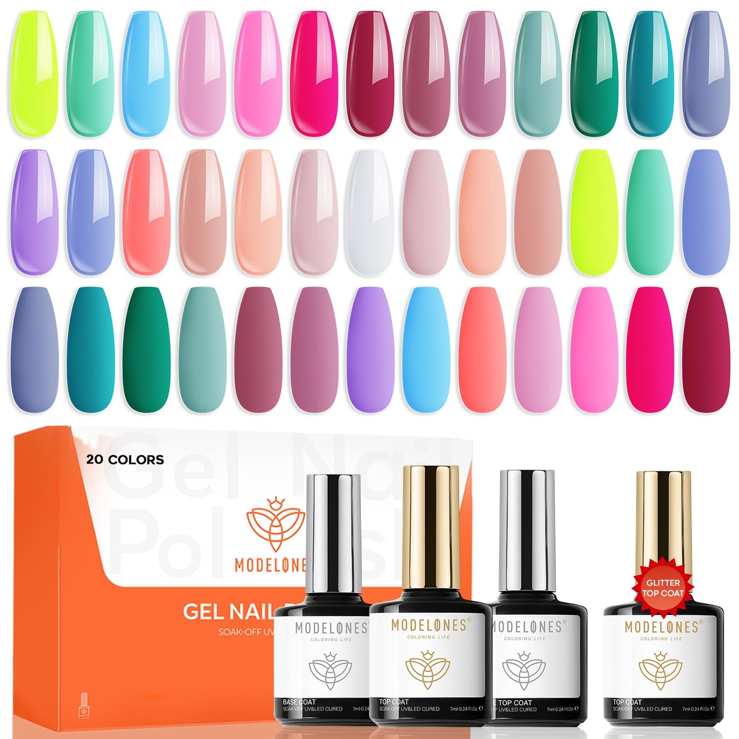 modelones 24PCS Gel Nail Polish Set, Fall Winter Cat Eye Shimmer Gel Polish Kit Soak Off with Glitter, Glossy and Matte Top Base Coat DIY Manicure at Home