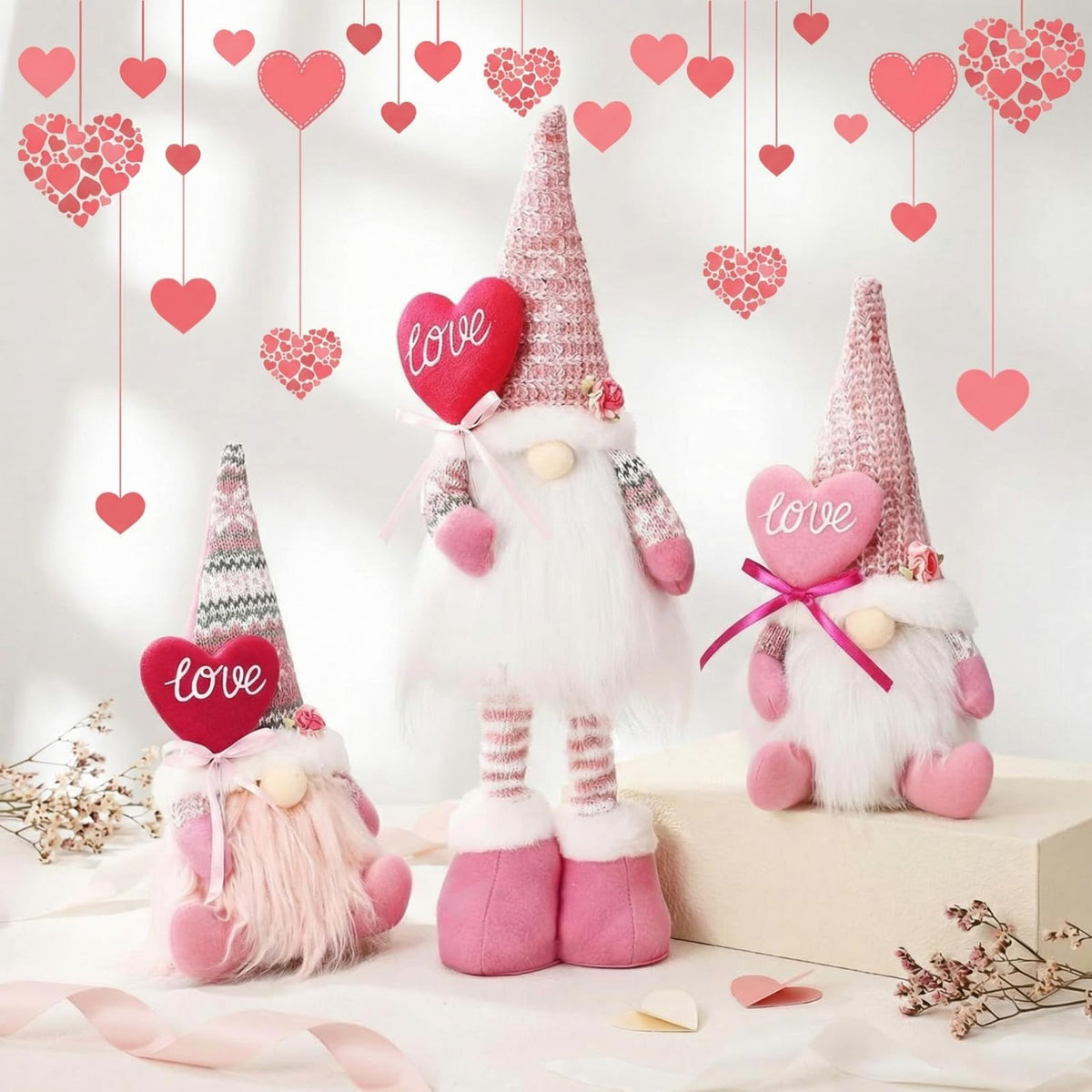 Sumind 3 Pcs Valentines Day Gnome Decorations Valentines Gnome Plush with Hearts Pink Handmade Gifts with Long Legs Table Tired Tray Decor Romantic Date Engagement Gift for Her Him