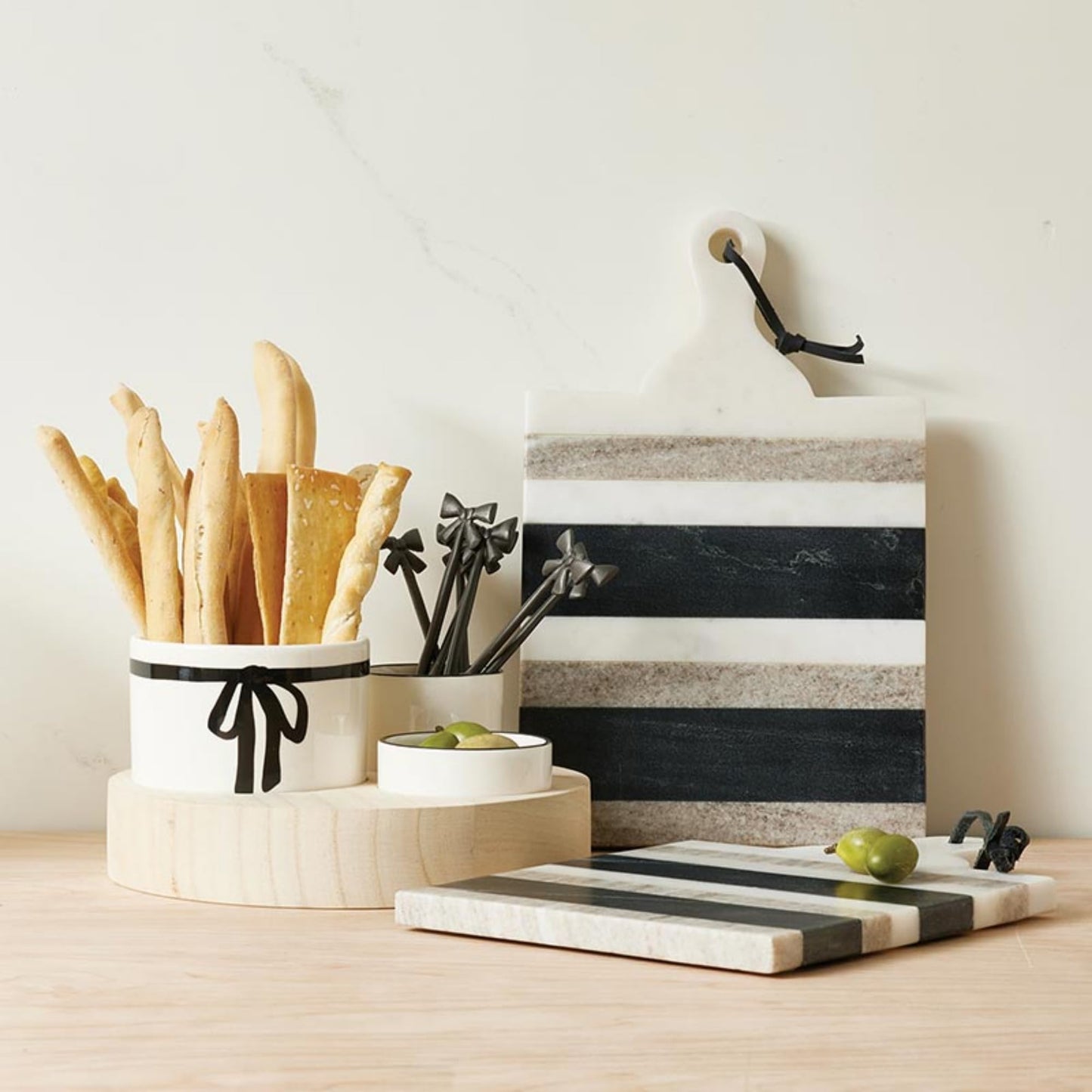 Santa Barbara Design Studio Charcuterie Boards Marble Serving Board Tray for Cheese, Meat, and Fruit, 10.75" x 7", Black/White/Tan Stripes