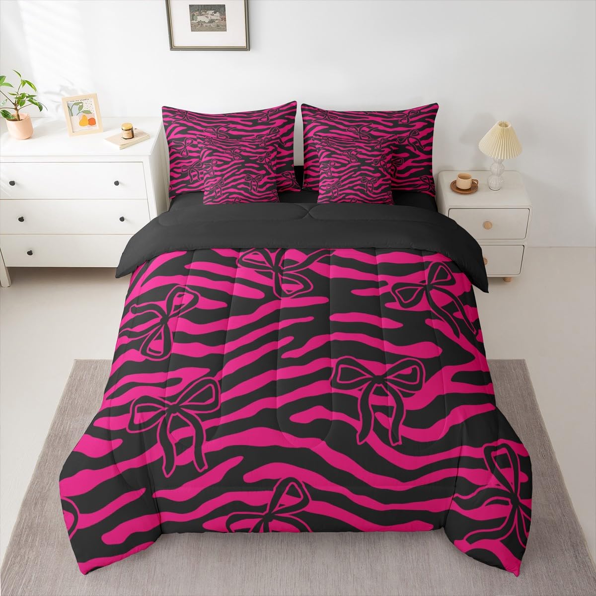jejeloiu Bow Comforter Set with Sheets 7 Piece Twin Size Zebra Stripes Bedding Set for Kids Boys Girls Wild Animal Skin Bed in a Bag Cute Bowknot Room Decor Hot Pink Soft Lightweight Microfiber