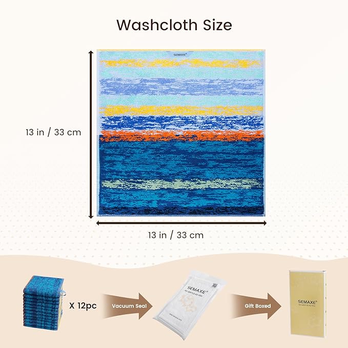 SEMAXE 100% Cotton Washcloths 12-Pack, 13 × 13 Inch Soft Luxury Face Towels –