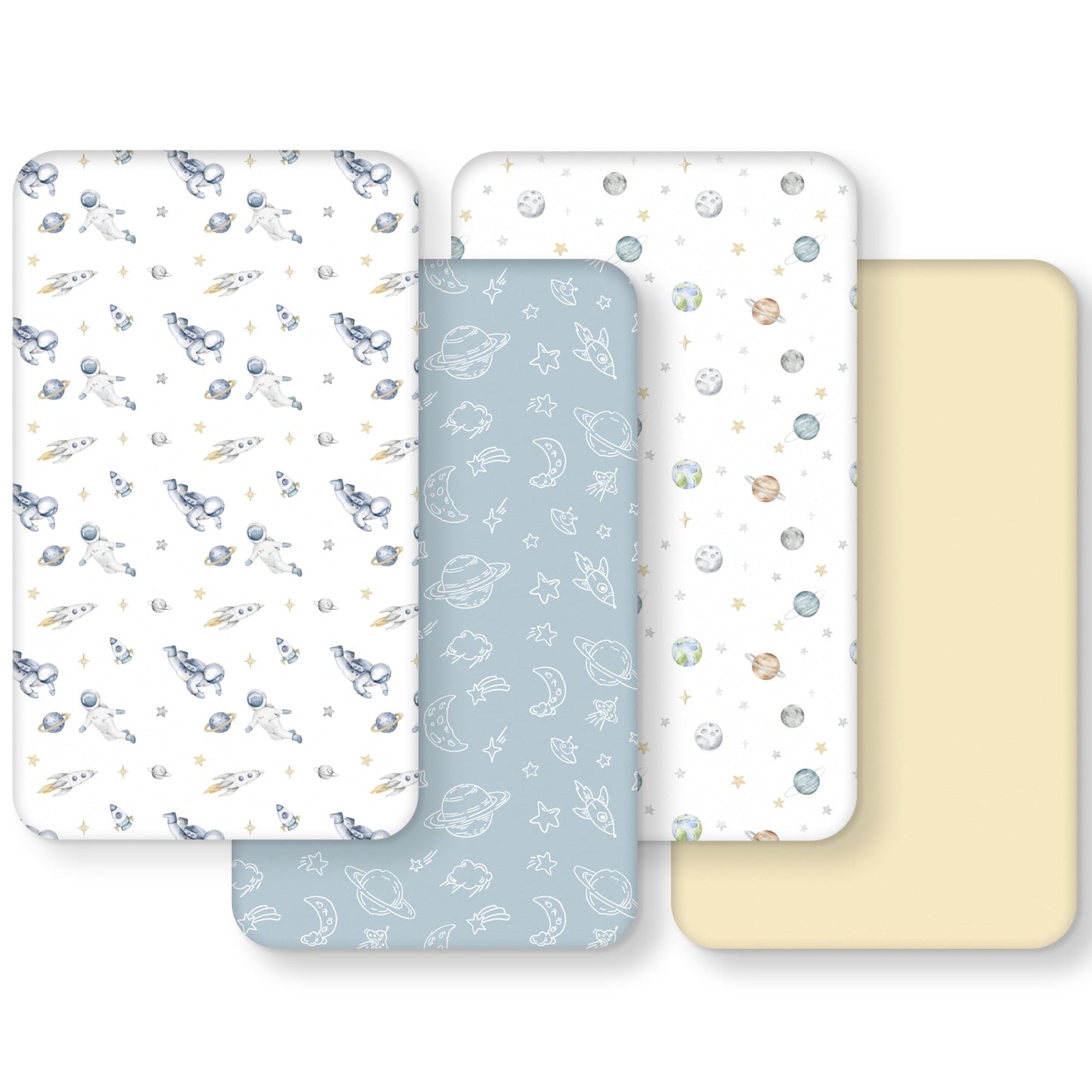 FIEMOL Baby Crib Sheets for Boys and Girls, Toddler Bed Sheets Fitted for 52”x28” Standard Crib and Toddler Mattresses, 4 Pack Soft Stretchy Microfiber Blue Space Astronaut