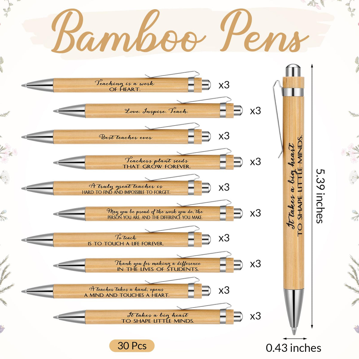 Geyoga 30 Sets Teacher Appreciation Gifts Bulk Inspirational Bamboo Pens Motivational Silicone Keychains with Thank You Cards for Employee Staff Team Teacher Appreciation Week Gifts