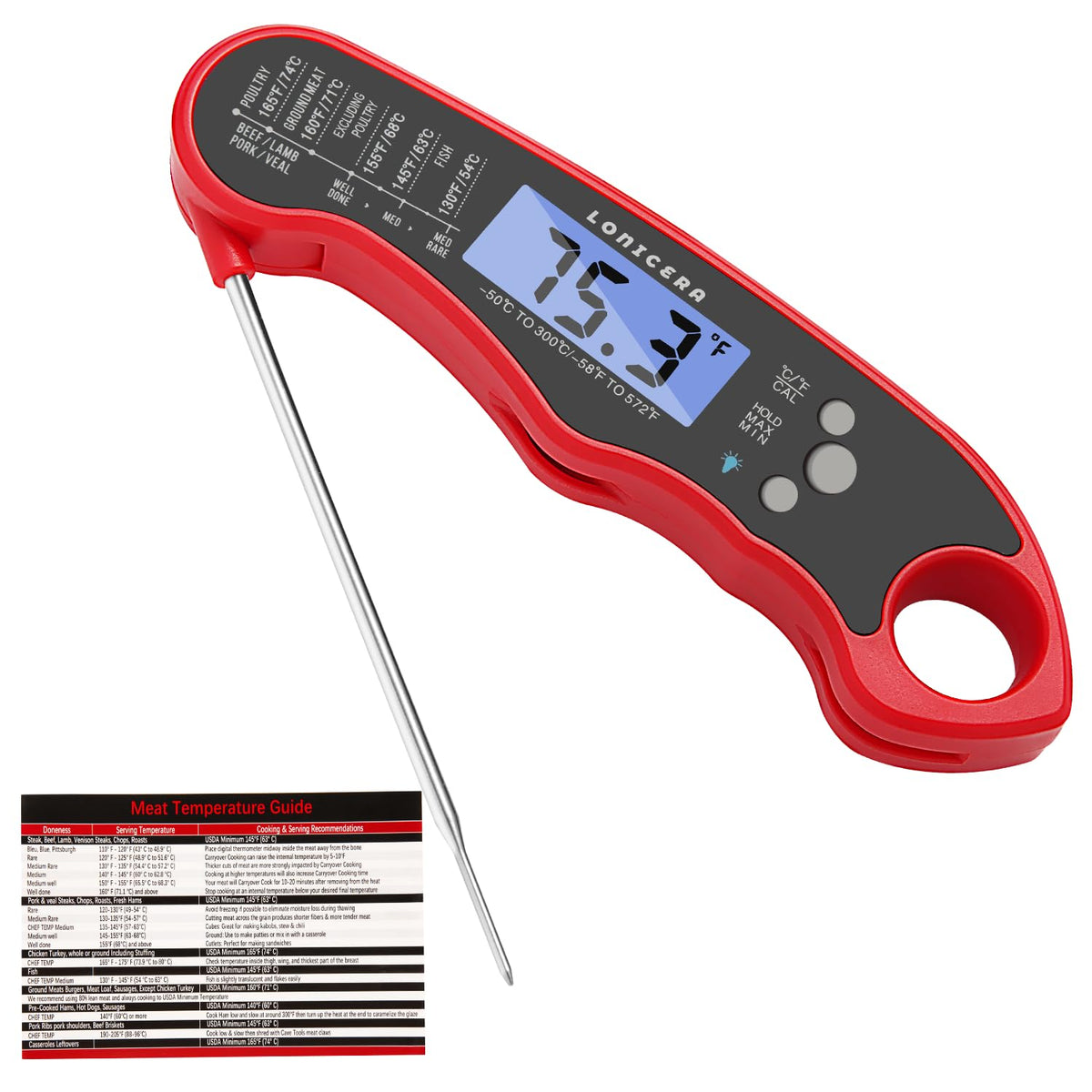 Lonicera Digital Thermometer for Cooking Food and Meat. Waterproof & Instant Read for Kitchen Baking, BBQ. with Foldable Probe, Backlight & Calibration (Red)