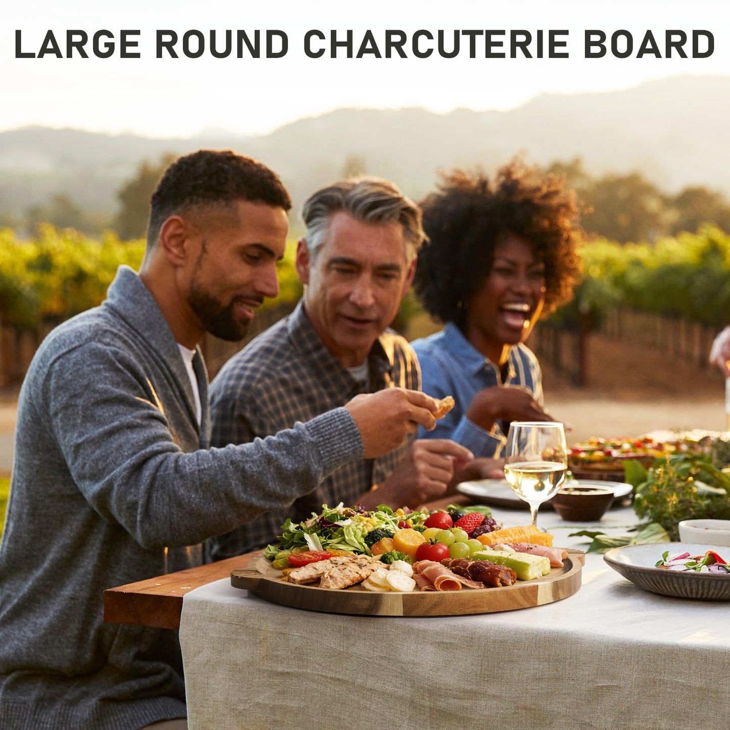 Acacia Wood Charcuterie Board with Handles 13'' - Large Round Cheese Board Serving Tray Wooden Charcuterie Serving Platter for Coffee Table, Family Gatherings, Parties & Housewarming Gifts