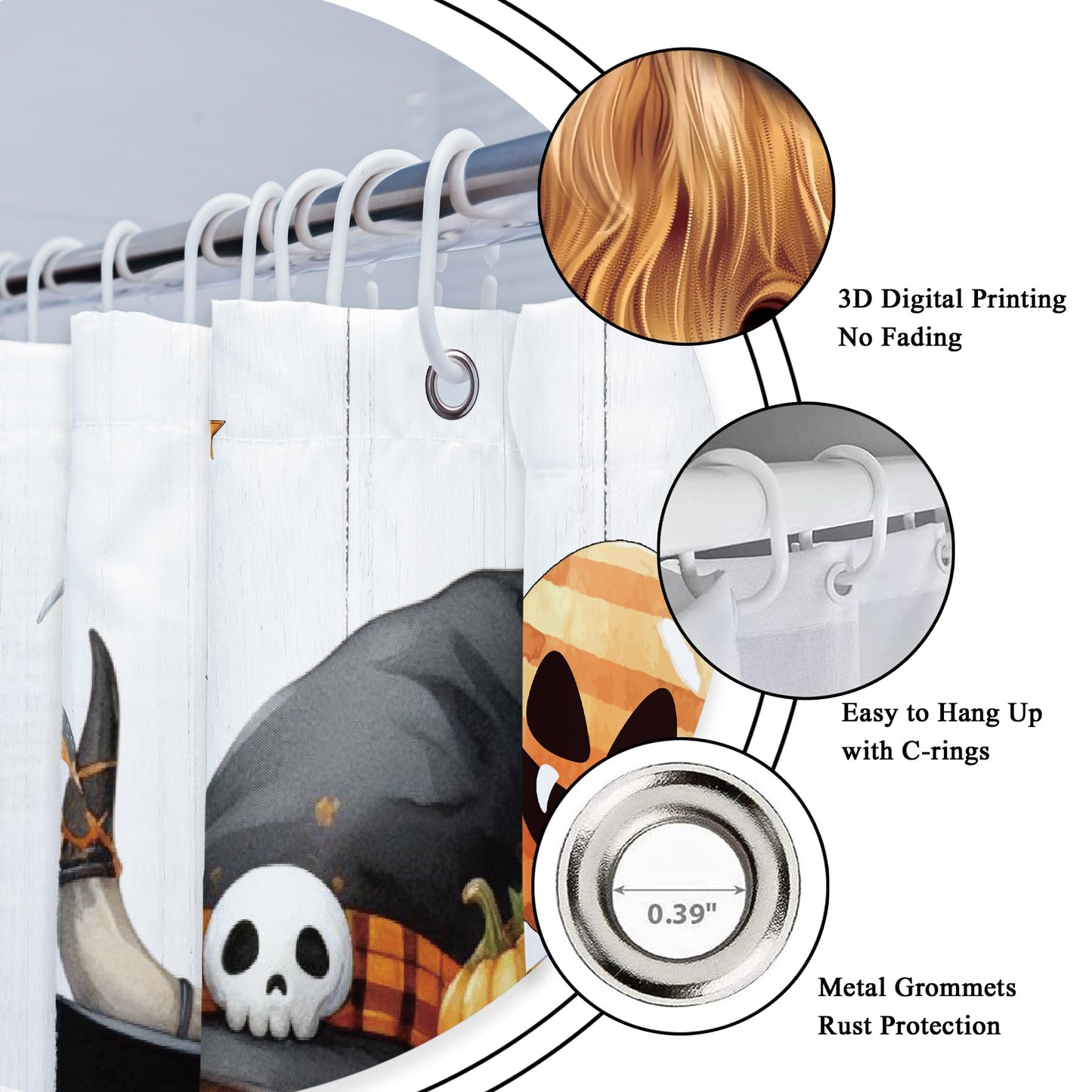 Riyidecor Halloween Highland Cow Pumpkin Autumn Fall Shower Curtain for Bathroom Decor 72Wx72H Funny Cute Cat Bat Ghost Floral Cool Art Printed Fabric Polyester Waterproof 12 Pack Plastic Hooks