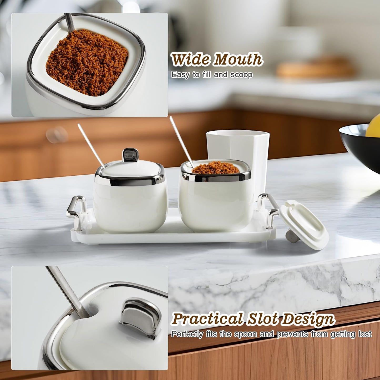 EABOSON Ceramic Sugar Bowl 2 Pack, Porcelain Seasoning Jar with Tray, Spoon and Lid for Sugar, Pepper, Coffee, Spice, Salt (silver)